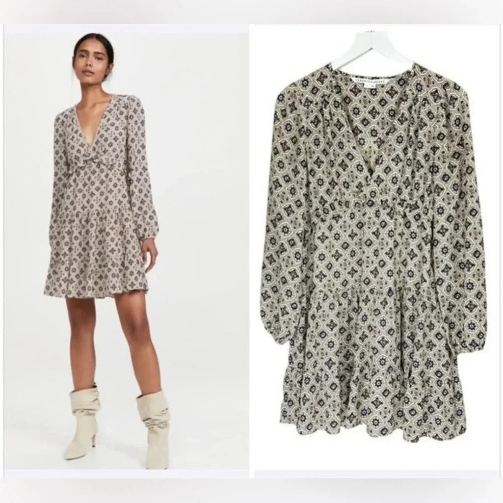 Veronica Beard Delray 100% Silk Long Sleeve Tiered Mini Dress Geometric Print 4